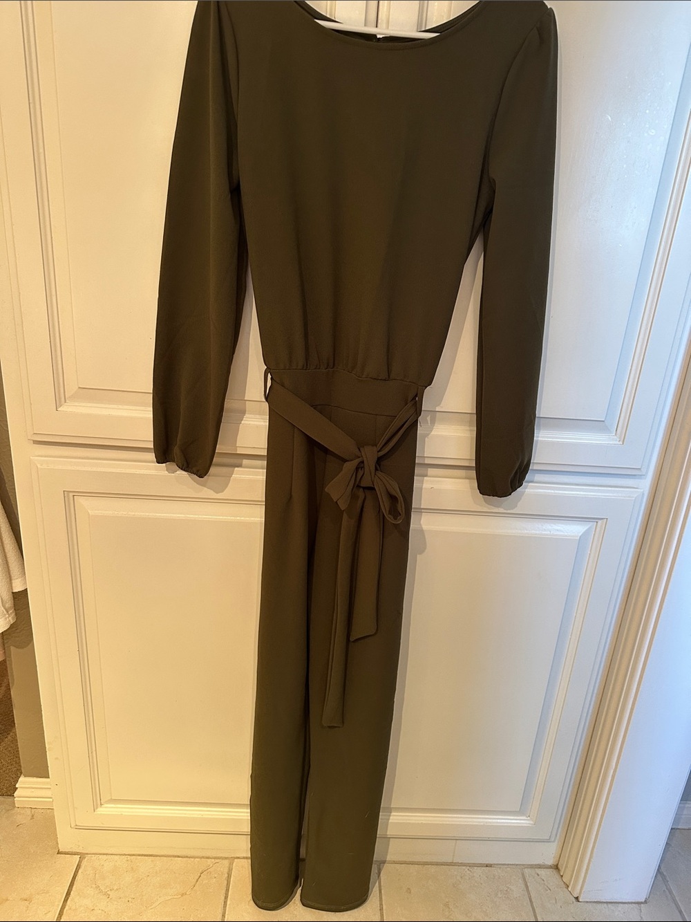 Olive Green Long Sleeve Jumpsuit with Waist Tie